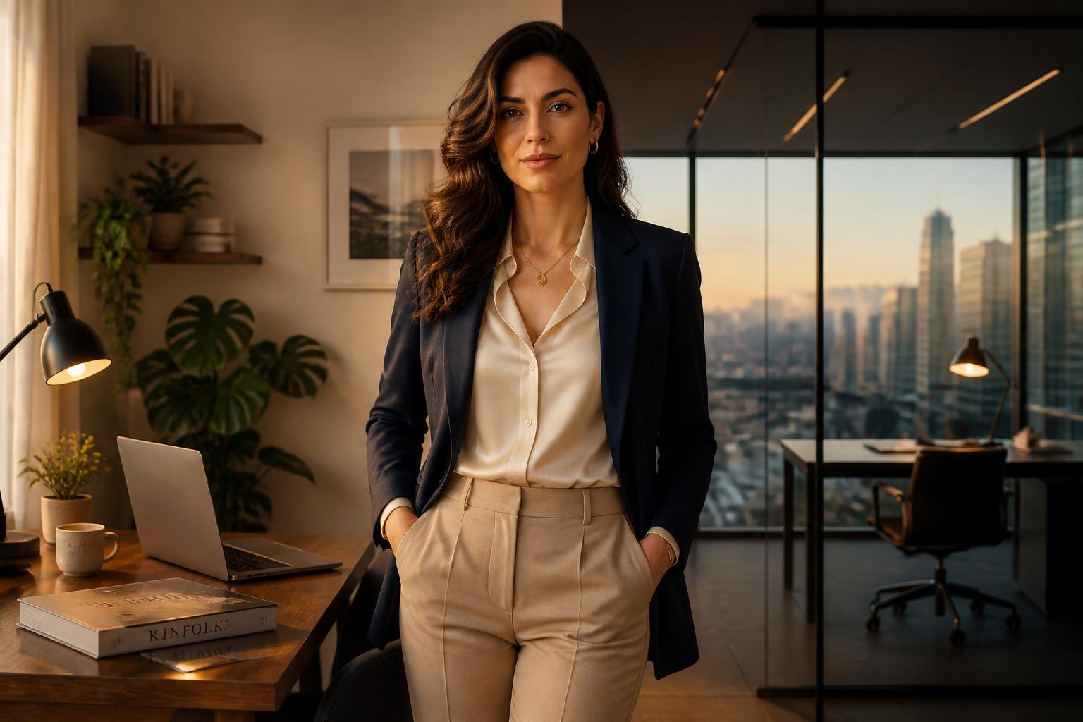 Mulher profissional em ambiente híbrido, home office e escritório